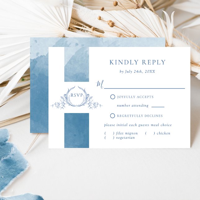 Elegante Blue Watercolor Wedding Monogram RSVP Car (Von Creator hochgeladen)