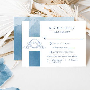 Elegante Blue Watercolor Wedding Monogram RSVP Car Karte
