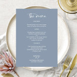 Elegante Blue Wedding Menu Cards Einladung<br><div class="desc">Eine stilvolle kalligraphische Hochzeitskarte für den Teller. Einfach mit Ihren Daten personalisieren. ANKUNFT: Wenn Sie eine Anpassung des Designs benötigen,  kontaktieren Sie mich bitte über den Chat; wenn Sie Informationen über Ihre Bestellung,  Versandoptionen,  etc. benötigen,  wenden Sie sich bitte direkt an den Zazzle-Support.</div>
