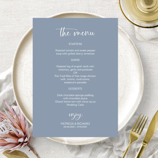 Elegante Blue Wedding Menu Cards Einladung (Von Creator hochgeladen)