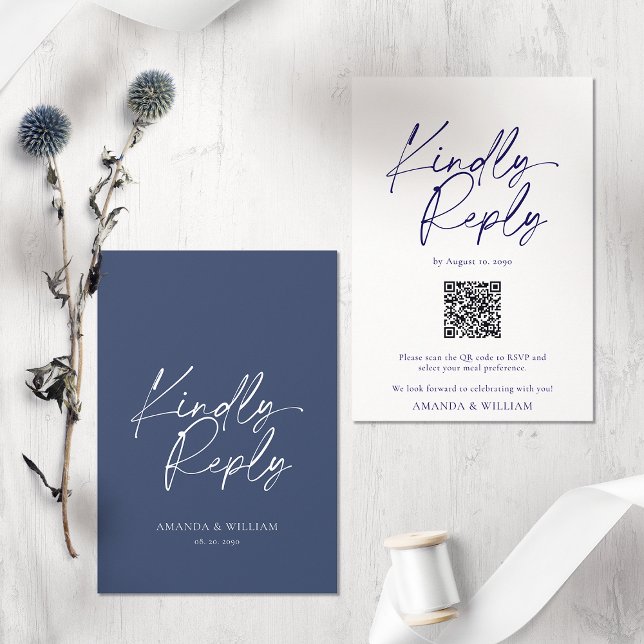 Elegante Blue Wedding RSVP Card mit QR Code Karte (Von Creator hochgeladen)
