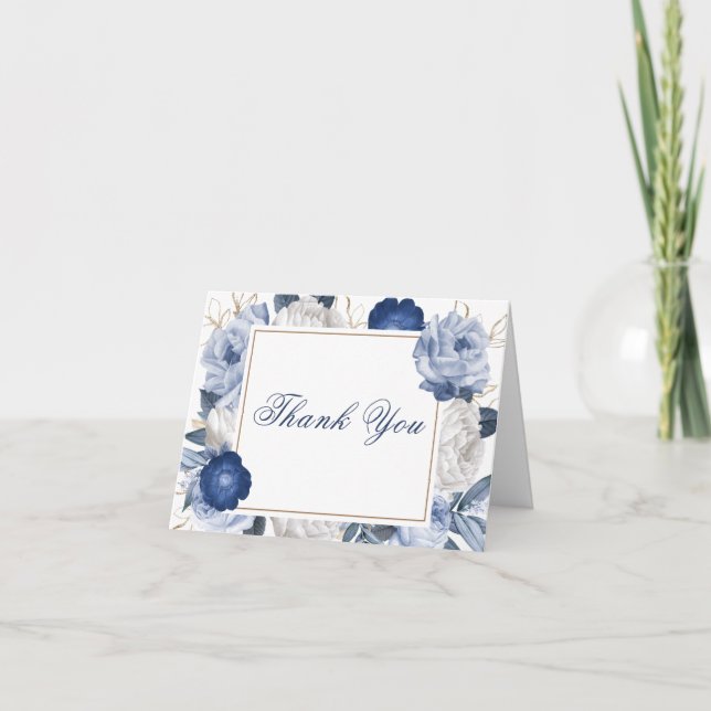 Elegante Blue & White Blume Babydusche Dankeskarte (Vorderseite)