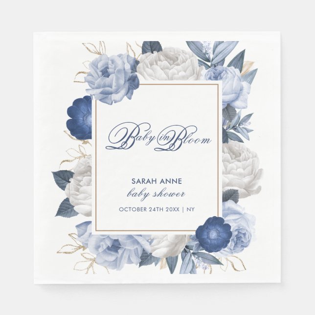 Elegante Blue & White Blume Babydusche Serviette (Vorderseite)