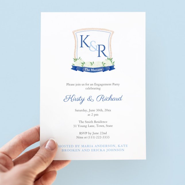 Elegante Blue White Coastal Wappen Engagement Part Einladung (Coastal-themed engagement party invitation featuring white hydrangeas and navy blue accents)