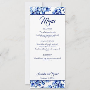 Elegante Blue White Floral Toile Wedding Menu Card Einladung