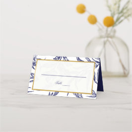 Elegante Blue White Gold Botanical Wedding Platzkarte