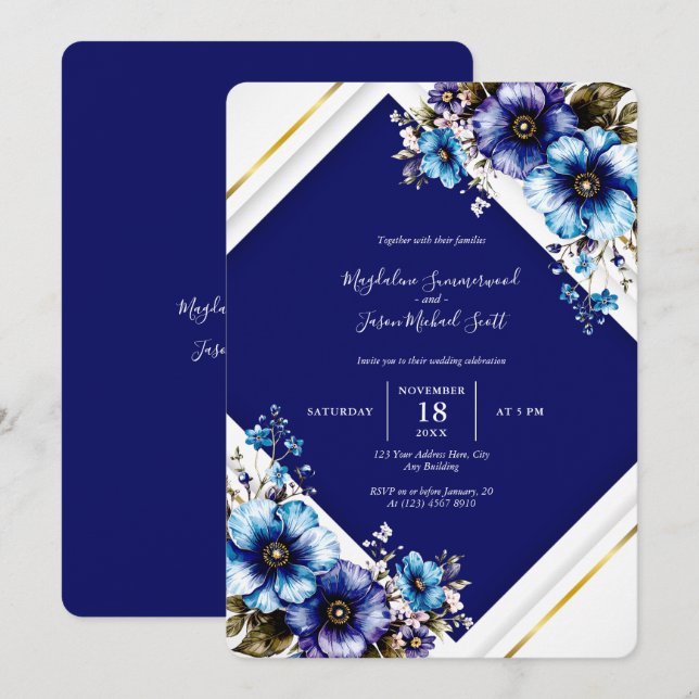 Elegante Blue White Gold Frame Wasserfarben-Blume Einladung (Vorne/Hinten)