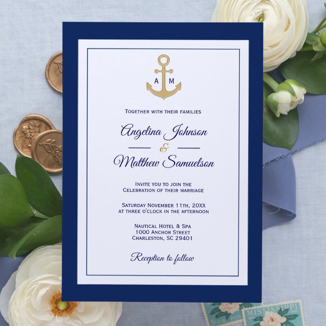 Elegante Blue White Gold Nautical Wedding Einladung (Von Creator hochgeladen)