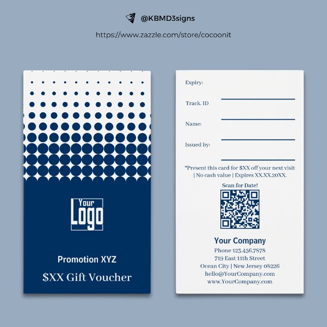 Elegante Blue White Promotions Gutscheinkarte (Elegant Blue White Promotional Gift Voucher Card, Logo, Track.ID., QR code, Terms)