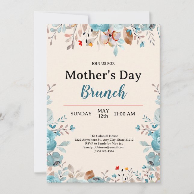 Elegante Blue Wildblumen Tan Mother's Day Brunch Einladung (Vorderseite)