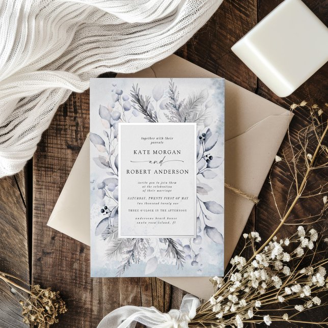 Elegante Blue Winter Floral Wedding Folieneinladung (Von Creator hochgeladen)