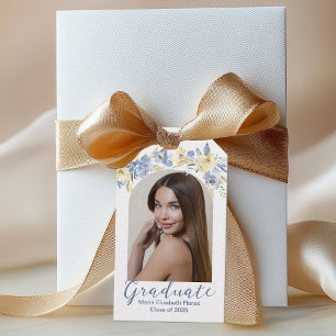 Elegante Blue Yellow Floral Foto Graduation Party Geschenkanhänger