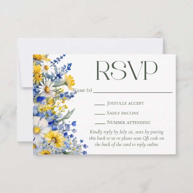 Elegante Blue Yellow Wildblumen QR Code Hochzeit RSVP Karte (Vorderseite)