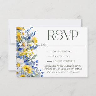 Elegante Blue Yellow Wildblumen QR Code Hochzeit RSVP Karte
