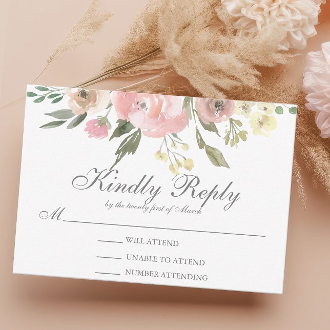 Elegante Blues Blush Pink Peony Wedding RSVP Karte (Von Creator hochgeladen)