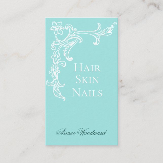 Elegante Blüh Aqua Blue and White Business Card Visitenkarte (Vorderseite)