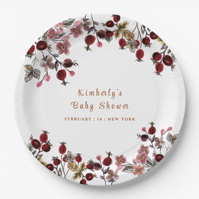 Elegante blühende Wildblume Berry Baby Shower Pappteller (Vorderseite)