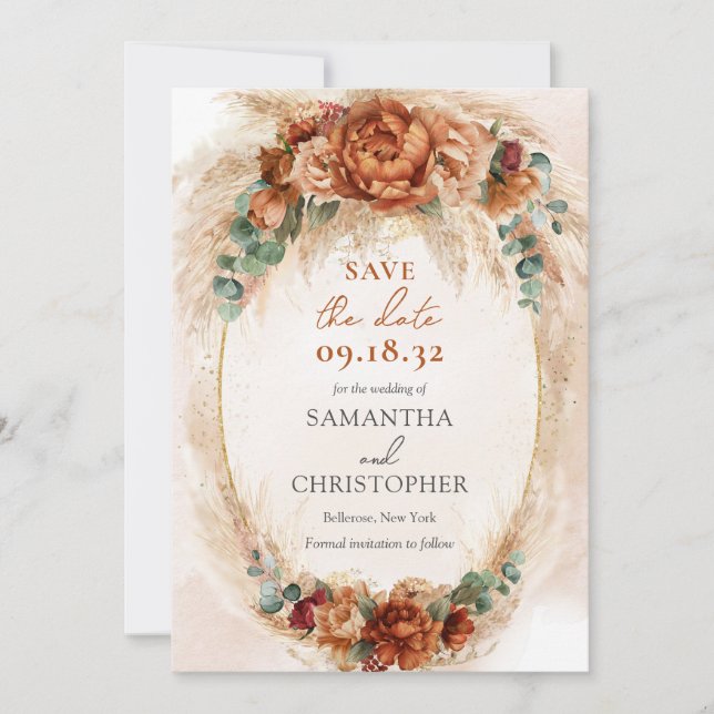 Elegante Blume aus Kupfer und Bordeaux Save The Date (Vorderseite)