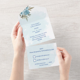 Elegante Blume Blaue Personalisierte Hochzeit All In One Einladung