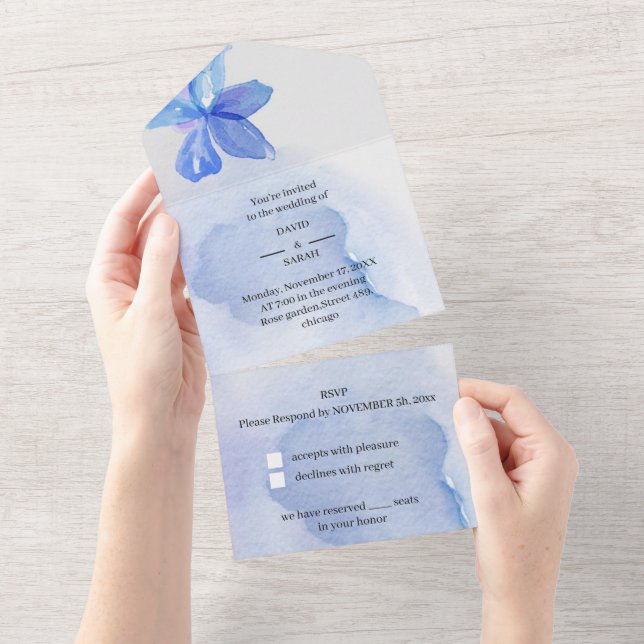 Elegante Blume Blaue Personalisierte Hochzeit All In One Einladung (Abreißen)