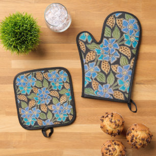 Elegante Blume Blue Periwinkle Floral Classic Ofenhandschuh & Topflappen-Set