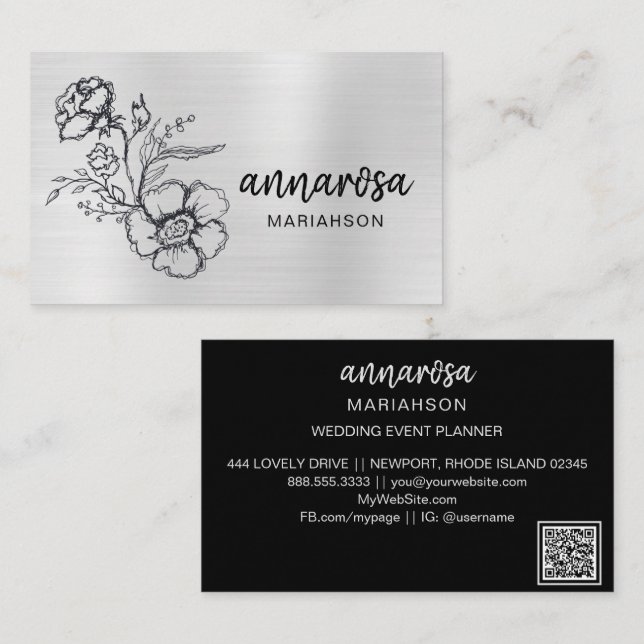 *~* Elegante Blume Floral Silver QR LOGO FOTO Visitenkarte (Vorne/Hinten)