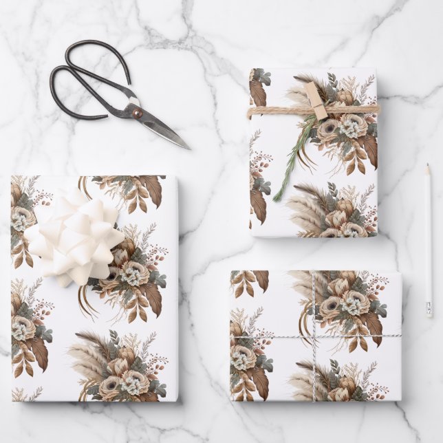 Elegante Blume Folien und Feathers Geschenkpapier Set (Vorderseite)