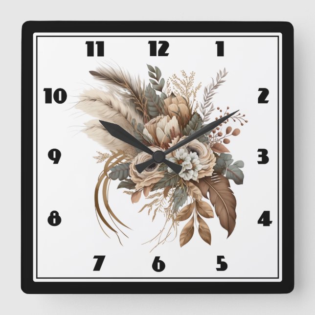 Elegante Blume Folien und Feathers Quadratische Wanduhr (Vorderseite)