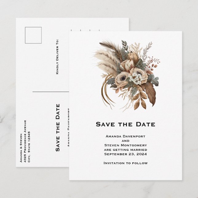 Elegante Blume, Folien und Federn Save the Date Einladungspostkarte (Vorne/Hinten)