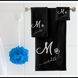 Elegante Blume für Schwarz-weiße Monogrammnamen Badhandtuch Set