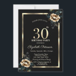 Elegante Blume Gold Frame Black 30. Geburtstag Einladung<br><div class="desc">Moderne,  schicke und glamouröse Einladung mit eleganten Rose auf schwarzem Hintergrund.</div>