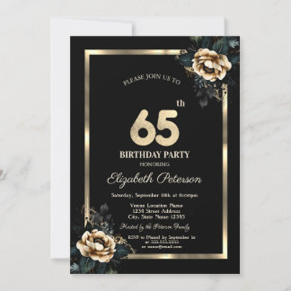 Elegante Blume Gold Frame Black 65. Geburtstag Einladung