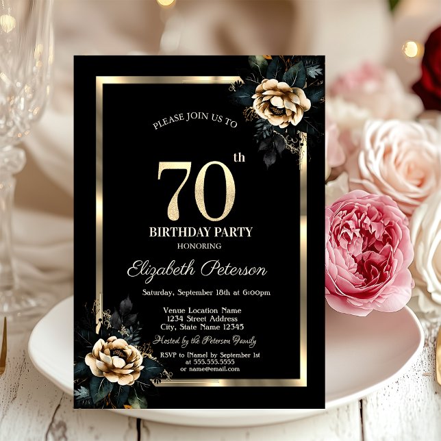 Elegante Blume Gold Frame Black 70. Geburtstag Einladung (Von Creator hochgeladen)