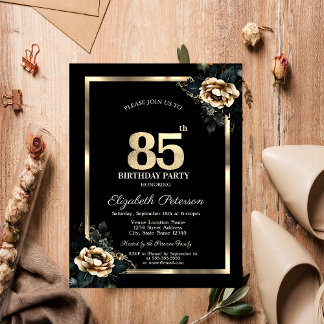 Elegante Blume Gold Frame Black 85. Geburtstag Einladung