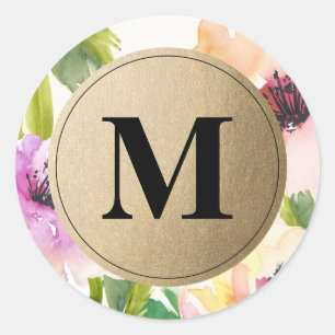 Elegante Blume Gold Monogram Gefälligkeitskennze Runder Aufkleber
