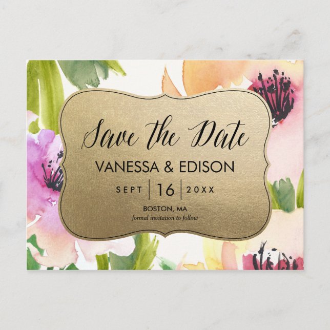 Elegante Blume Gold | Save The Date Ankündigungspostkarte (Vorderseite)