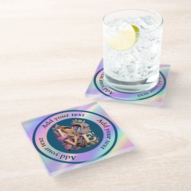 Elegante Blume, Herz und Goldene Liebe Glasuntersetzer (Schrägansicht)