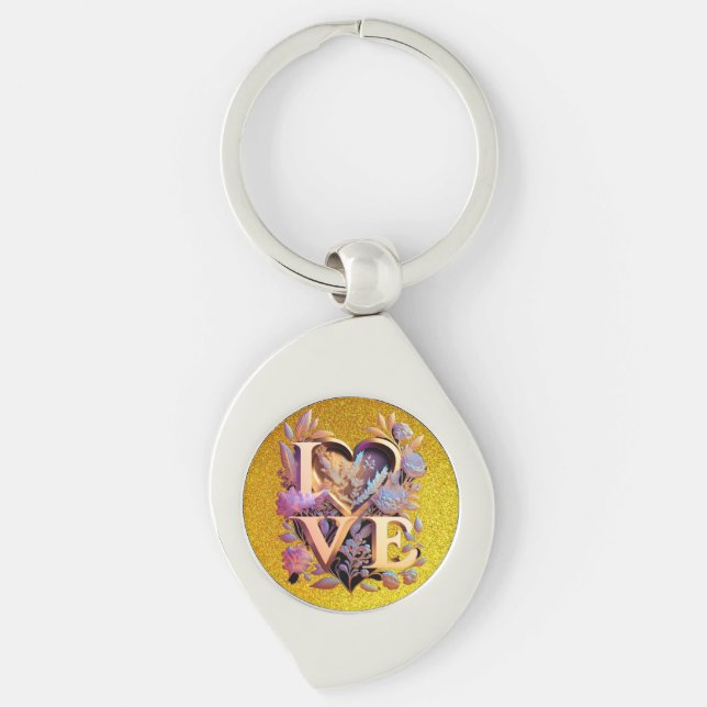 Elegante Blume, Herz und Goldene Liebe Schlüsselanhänger (Vorderseite)