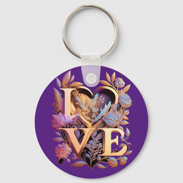 Elegante Blume, Herz und Goldene Liebe Schlüsselanhänger (Vorderseite)