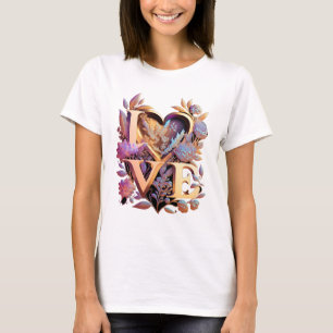 Elegante Blume, Herz und Goldene Liebe T-Shirt