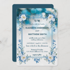 Elegante Blume Hochzeit Biue & White Overlay Einladung