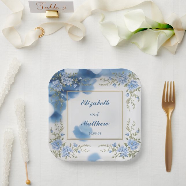 Elegante Blume Hochzeit Biue & White Overlay Pappteller (Hochzeit)
