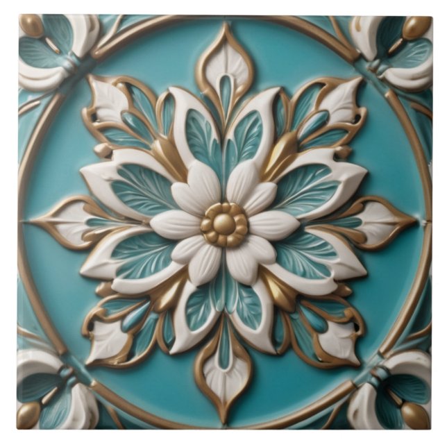 Elegante Blume Imitats Relief Klasse Türkis Blumen Fliese (Vorderseite)