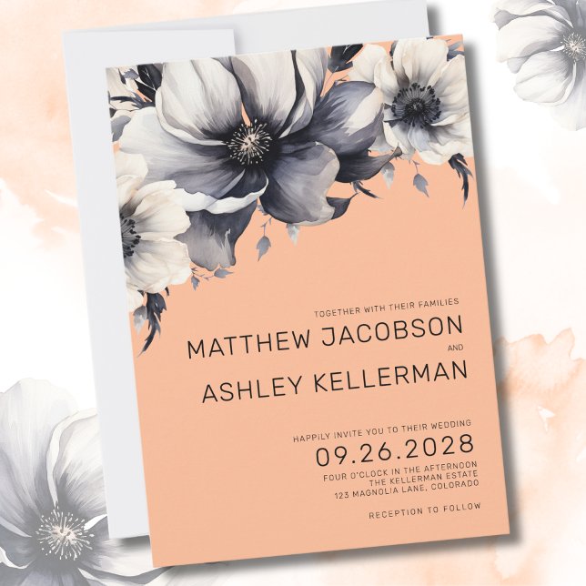 Elegante Blume Peach Floral Wedding Einladung (Modern Elegant Watercolor Floral Peach Wedding Invitation)