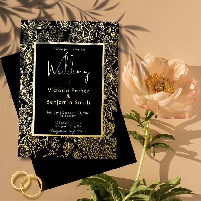 Elegante Blume Sketch Frame Black Gold Hochzeit Folieneinladung (Rustic Floral Black and Gold Vintage Chic Wedding Foil Invitation)