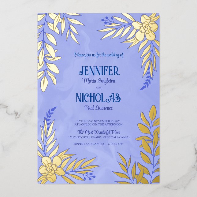 Elegante Blume und Blätter für Hochzeiten Folieneinladung (Vorderseite)