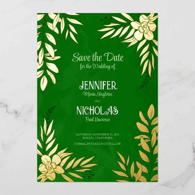 Elegante Blume und Blätter für Hochzeiten Folieneinladung (Vorderseite)