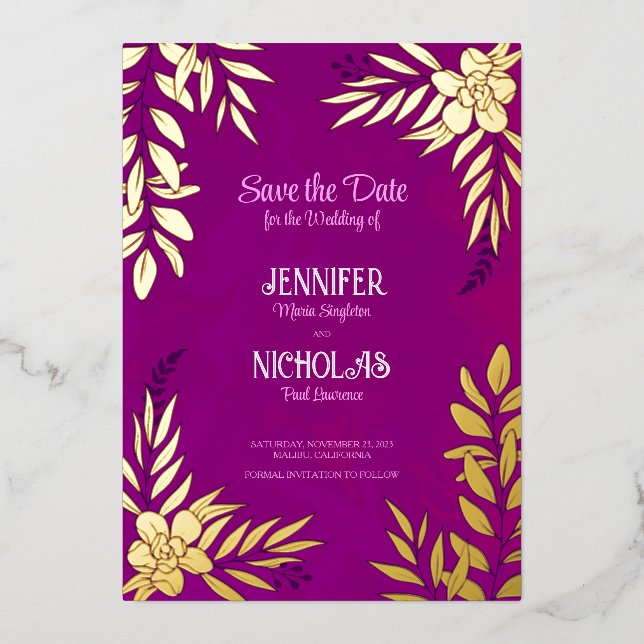 Elegante Blume und Blätter für Hochzeiten Folieneinladung (Vorderseite)