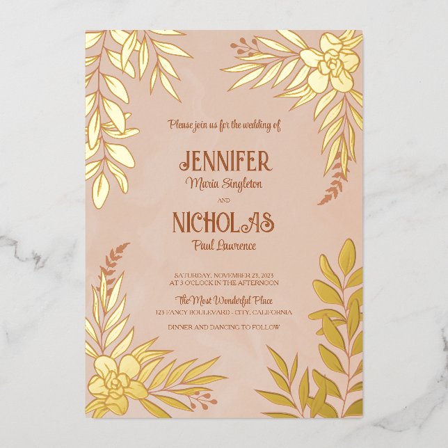 Elegante Blume und Blätter für Hochzeiten Folieneinladung (Vorderseite)