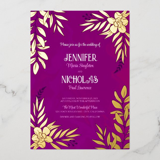 Elegante Blume und Blätter für Hochzeiten Folieneinladung (Vorderseite)